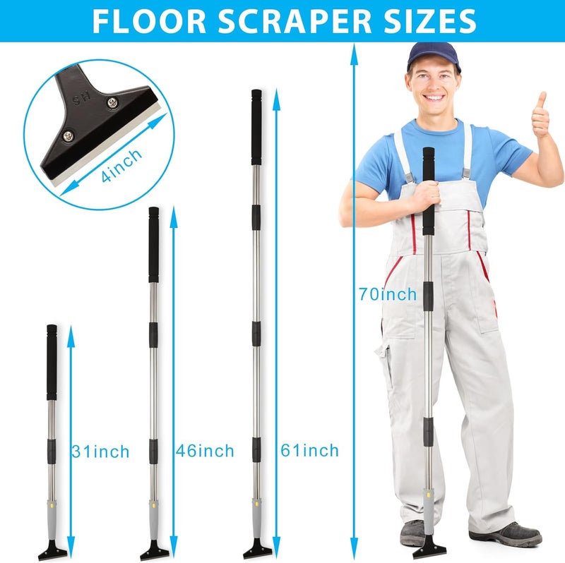 Greeily Floor Scraper, 31" to 61" Scraper Tool Long Handle with 4-inch Razor Blade Stainless Steel Material Adjustable Cleaning Glass Wall Gum Paint Tile Glue Linoleum Carpet Sturdy Durable - Image 2